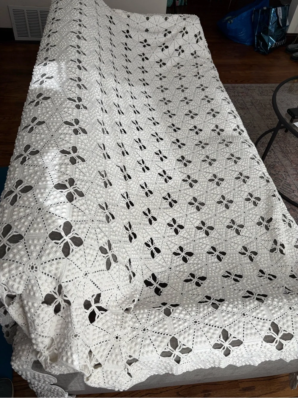 VTG handmade hand crocheted bedspread blanket 100% cotton 90x92 use or cutter